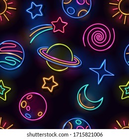 Vector colorful seamless pattern with space neon lamp symbols. Glowing planets, sun, moon, comet and stars on black background