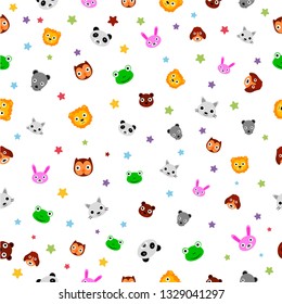 Vector colorful Seamless Pattern Star, Baby Animal Face, Owl, Mouse, Frog, Tiger, Dog, Cat, Panda, Rabbit, Bear for background, banner wrapping paper, curtain etc

