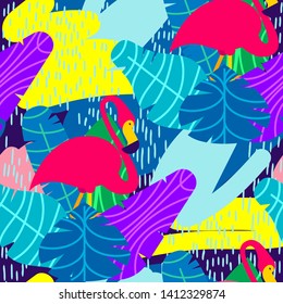 Vector colorful seamless pattern for summer. Pink flamingo and tropical leaves on abstract background. Trendy illustrations for print on wallpaper with exotic plants and birds on a purple background.