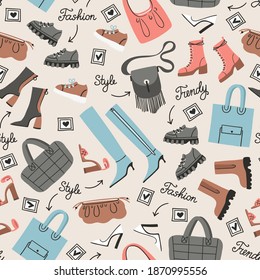 Vector colorful seamless pattern with trendy bags, shoes, sneakers, boots. Cartoon background on the theme of fashion industry, style, shopping. Flat art for use in design