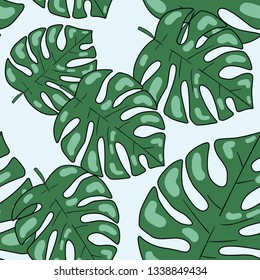 Vector colorful seamless pattern with tropical palm leaf. Leaf and flower on blue cute background. Wallpaper and textile idea. Wrapping paper design. Good for printing.