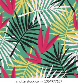 Vector colorful seamless pattern with tropical leaves. Floral texture perfect for fabric and textile