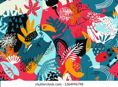 Vector colorful seamless pattern with tropical plants, flowers. birds, hand painted texture. Artistic abstract floral exotic summer endless background in cut paper collage style