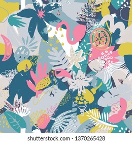 Vector colorful seamless pattern with tropical plants, flowers. birds, hand painted texture. Artistic abstract floral exotic summer endless background in cut paper collage style