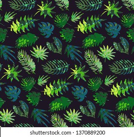 Vector colorful seamless pattern with tropical plants and leaves, hand painted texture. Artistic abstract natural exotic summer endless background