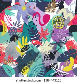 Vector colorful seamless pattern with tropical plants, flowers. birds, hand painted texture. Artistic abstract floral exotic summer endless background in cut paper collage style