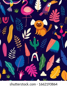 Vector colorful seamless pattern with tropical flowers, leaves, monkey, flamingo and birds. Brazil tropical pattern. Rio de janeiro pattern
