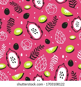 Vector colorful seamless pattern with tropical fruits, kiwi, pitaya on pink background. Summer cartoon texture for textile design, wallpaper, branding, package design, fabric. Hand draw doodle style. 