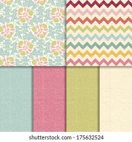 Vector colorful seamless patterns with fabric texture, dandelion, chevron
