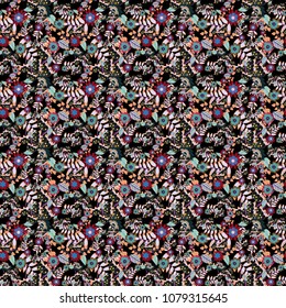 Vector colorful seamless print design in blue, orange and violet colors.