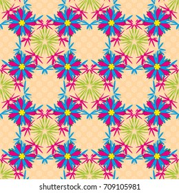 Vector colorful seamless print design in magenta, beige and blue colors.