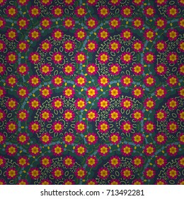Vector colorful seamless print design in yellow, blue and magenta colors.