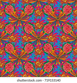 Vector colorful seamless print design in blue, red and orange colors.