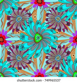 Vector colorful seamless print design in violet, blue and orange colors.