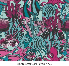 Vector colorful seamless sea pattern with tropical fishes, stars, jellyfishes, algae, corals. Underwater world