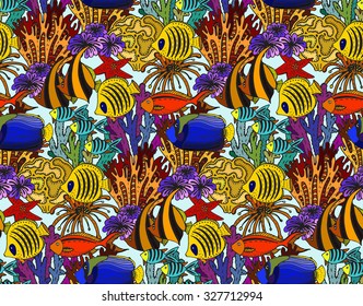 Vector colorful seamless sea pattern with tropical fishes, stars, algae, corals. Underwater world.