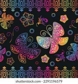 Vector colorful seamless spring pattern with lace gradient butterflies and vintage flowers 