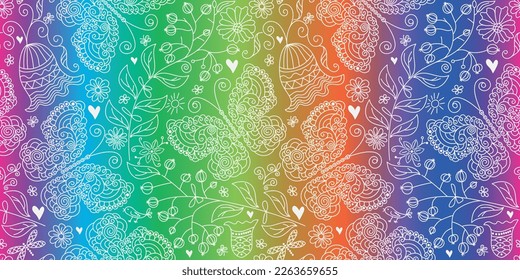Vector colorful seamless striped gradient pattern with vintage flowers and butterflies