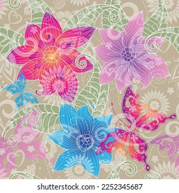 Vector colorful seamless valentine pattern with vintage flowers and butterflies