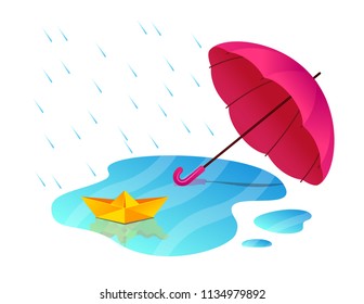 Vector colorful seasonal illustration. Open umbrella and yellow paper ship reflection at puddle. Colorful autumn or spring objects for print, advertising and flyer design