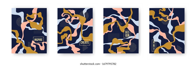 Vector colorful set with abstract pattern cartoon textures with dots, doodle geometric elements. Trendy backgrounds with dynamic and fluid shapes for brochure cover template design