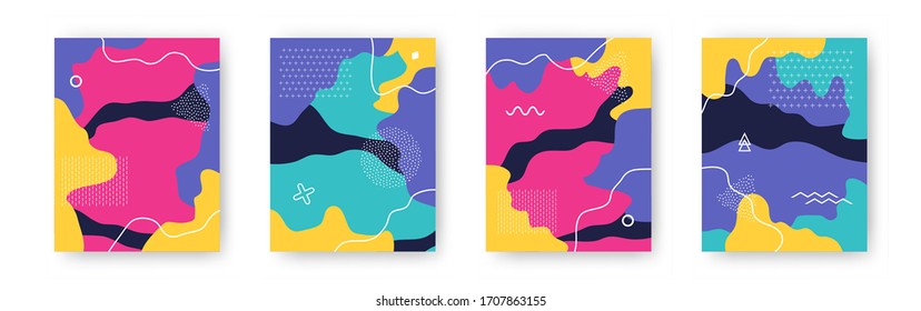 Vector colorful set with abstract pattern cartoon textures with dots, doodle geometric elements. Trendy backgrounds with dynamic and fluid shapes for brochure cover template design