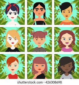 Vector colorful set of avatar ecological icon with different girl in leaf frames