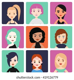 Vector colorful set of avatar square icon with different girl. Body positive model. 