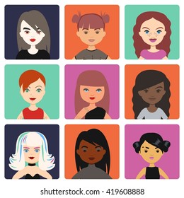 Vector colorful set of avatar square icon with different girl. Body positive model. 