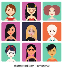 Vector colorful set of avatar square icon with different girl. Body positive model. 