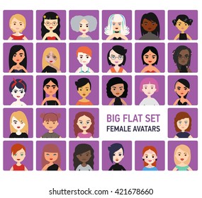 Vector colorful set of avatar square icon with different girl. Body positive model.