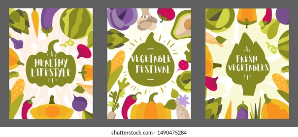 Vector Colorful Set Of Backgrounds With Vegetables. Silhouette Of Green Vegetables In The Center, Slogan And Vegetables Around. Design For Flyer, Poster, Brochure, Catalog, Menu, Store, Festival, Fair