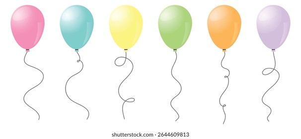 Vector colorful set of balloons with ribbons on white background. Happy birthday concept. 