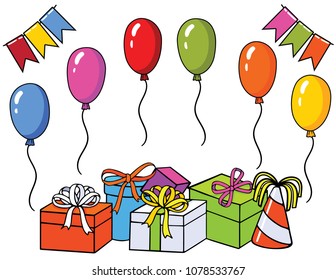 Vector colorful set for birthday card. Template for design with celebration elements: gifts, ballons, ribbons