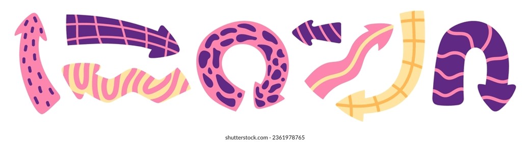 Vector colorful set of cartoon playful arrow pointers in trendy style. Collection of childish textured arrows. Illustration of abstract dynamic arrow signs for presentation templates.