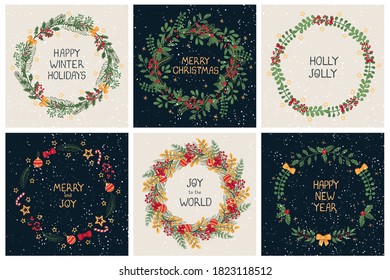 Vector colorful set with christmas wreath templates. Hand draw frame. Use it as invitation, greeting card, poster, banner, Social Media design post, flyer, placard, brochure and other graphic design