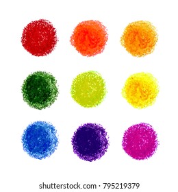 Vector colorful set with crayon scribble textured round spots. Abstract circles isolated on white background. Design template for poster, card, banner, flyers, invitation, brochure, sale.