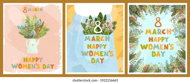 Vector colorful set with cute illustrations of spring bouquet. Happy Womens Day March 8. Use it as greeting card, poster, banner, Social Media post, invitation, sale, brochure and other graphic design