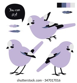 Vector colorful set with cute little bird in modern purple palette
