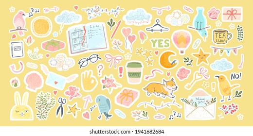 Vector colorful set with cute stickers for daily planner and scheduler with cute cartoon images in tgrendy modern flat style. Sign, symbol template for organizer and diaries. Elemets for you design