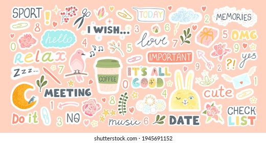 Vector colorful set with cute stickers for daily planner and scheduler with trendy lettering and cute cartoon images in modern flat style. Sign, symbol template for organizer and diaries