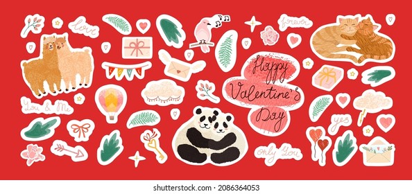 Vector colorful set with cute Valentines Day stickers and elements, sign, objects for planner and organizer