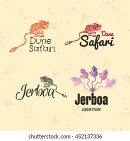 Vector colorful set with desert Jerboa. The Jerboa as main element of logotypes on beige background. Engraves vector design graphic element, emblem, logo, sign, identity, logotype