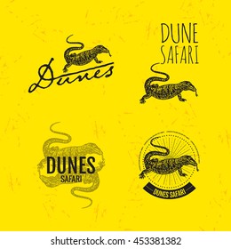 Vector colorful set with desert Varan. The desert Varan as main element of logotypes on yellow background.