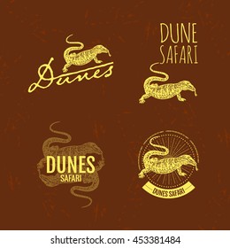 Vector colorful set with desert Varan. The desert Varan as main element of logotypes on brown background.