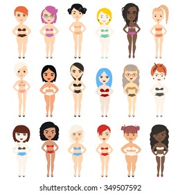 Vector colorful set of different girl with features of appearance in underwear. Body positive model. Love your individuality.