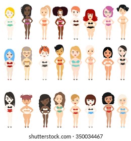 Vector colorful set of different girl with features of appearance in underwear. Body positive model. Love your individuality.