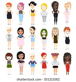 Vector colorful set of different girl with features of appearance. Body positive model. Love your individuality.