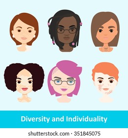 Vector colorful set of different girl with features of appearance in underwear. Body positive model. Love your individuality.