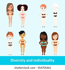 Vector colorful set of different girl with features of appearance in underwear. Body positive model. Love your individuality.